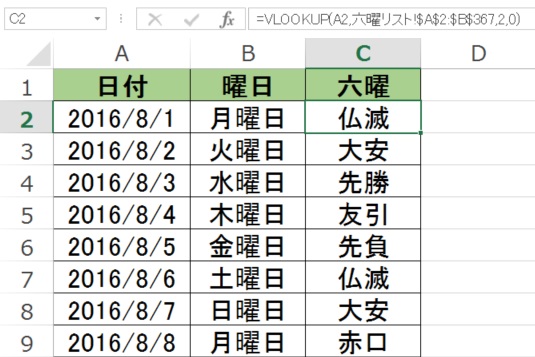 エクセルで作成したカレンダーに関数を使って六曜を表示する方法